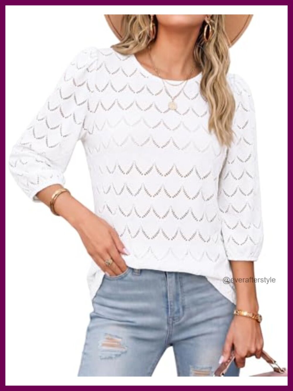 Embroidered Eyelet Blouse 3/4 Sleeve Crew Neck Top Lace Women's
